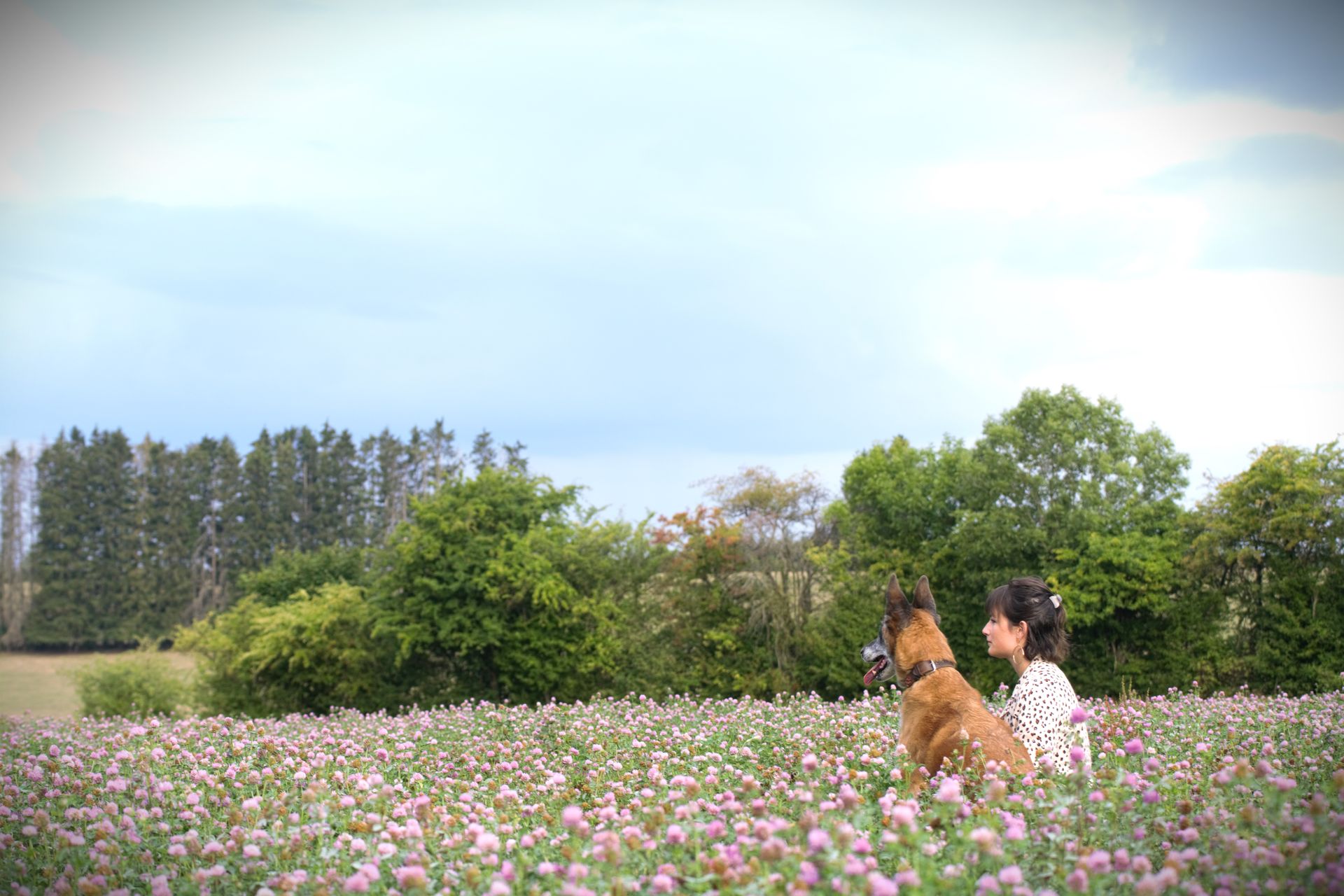 Femme et son chien dans un champs